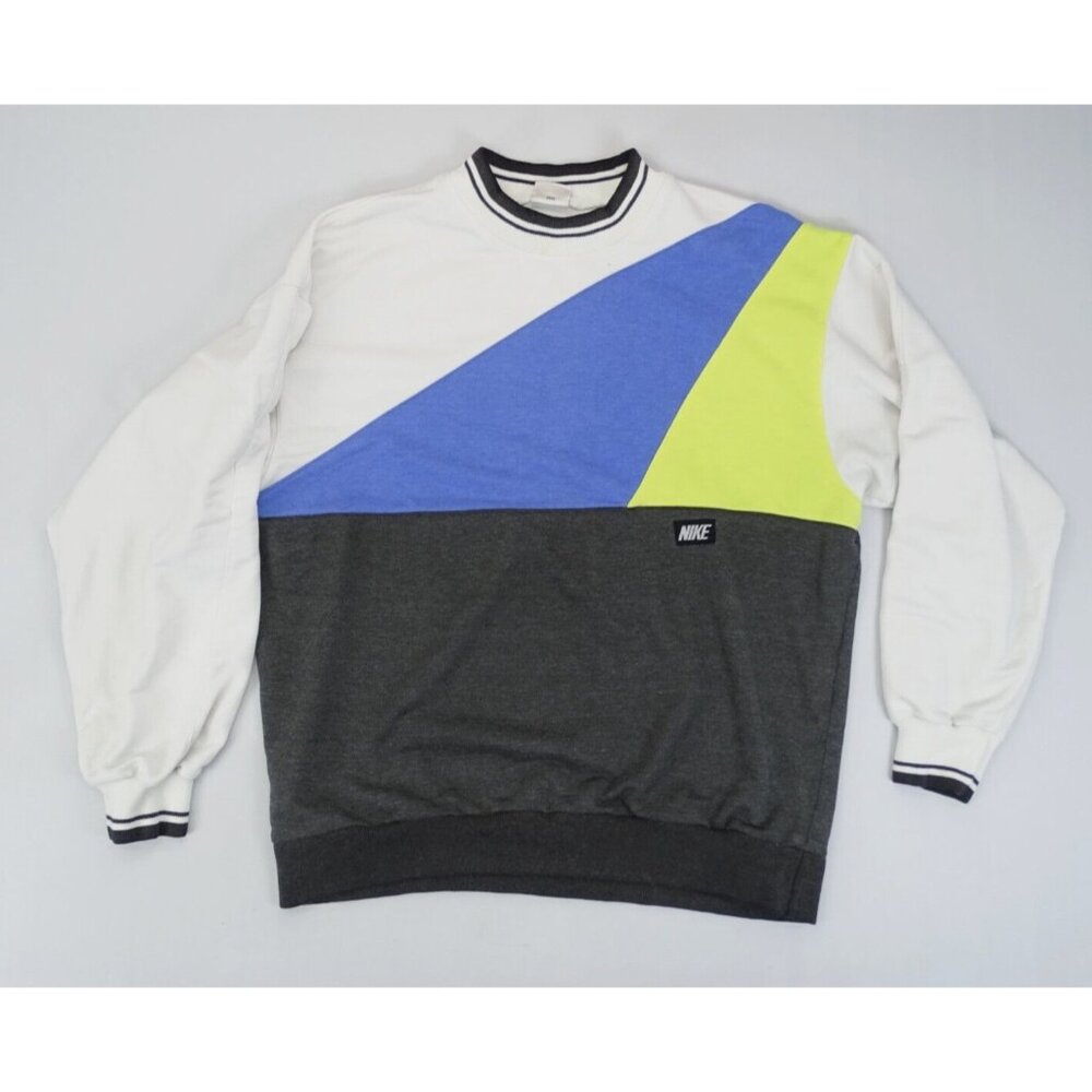 Vintage 80s Nike Diagonal Color Block Yellow White Blue Sweatshirt Sz L Gray